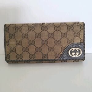 Fair GUCCI Interlocking Logo Envelope Wallet GG Canvas Brown Tan Clutch Large